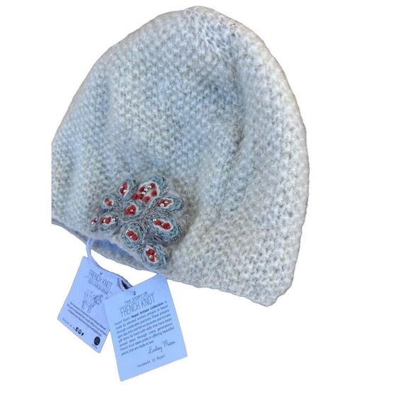 NWT French Knot Mohair Hat Beanie With Embroidery Ivory Free Size - Picture 2 of 10